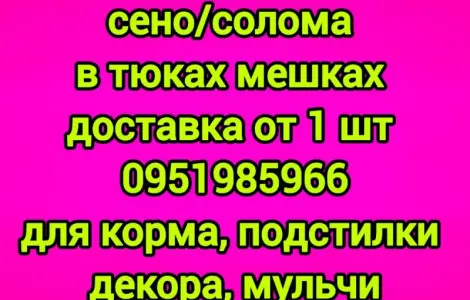 Сено, солома з безкоштовною доставкою по Україні. У тюках, мішках. Поштучно / опт