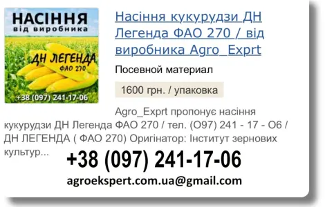 Пропонується насіння кукурудзи ДН Легенда на 2026 рік від виробника
