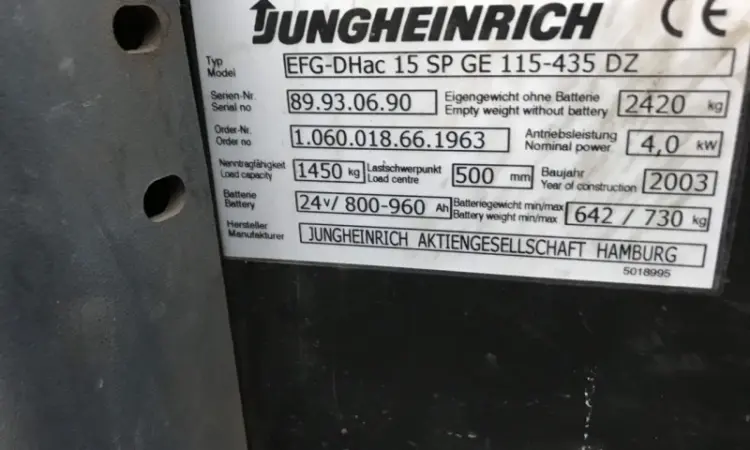 Электропогрузчик Jungheinrich EFG-Dhac15SP GE115-435DZ, 2003 г.в., батарея 2014 г.в - фото № 9