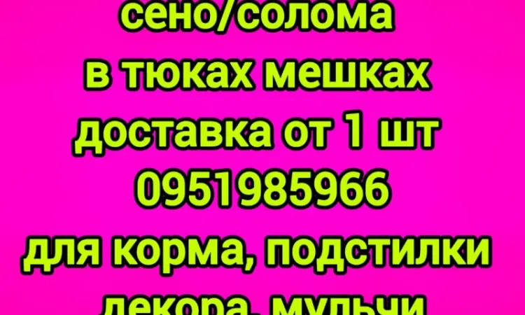Сено, солома з безкоштовною доставкою по Україні. У тюках, мішках. Поштучно / опт - фото № 1
