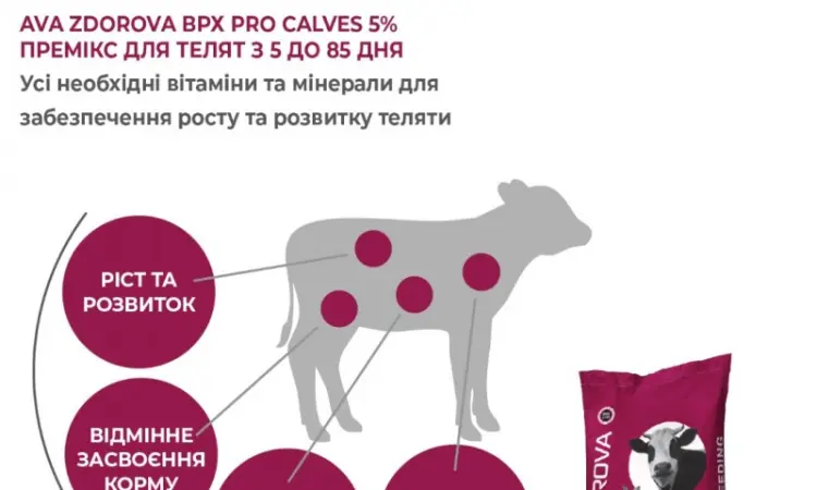 Премікс для телят віком 5 – 85 днів AVA ZDOROVA ВРХ PRO Calves 5%. Мішок 25 кг - фото № 3