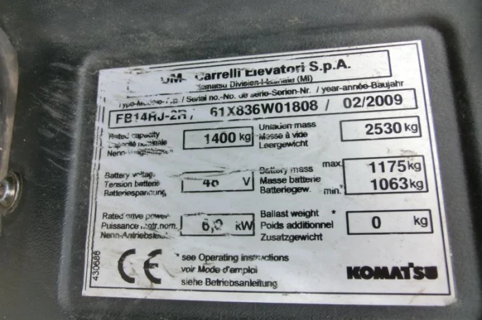 Штабелер-ричтрак Komatsu FB14RJ-2R, 2009 года, 5180 мм высота подъема, 4865 м/ч наработка- фото № 6