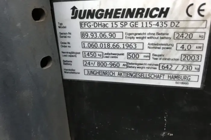 Электропогрузчик Jungheinrich EFG-Dhac15SP GE115-435DZ, 2003 г.в., батарея 2014 г.в- фото № 9