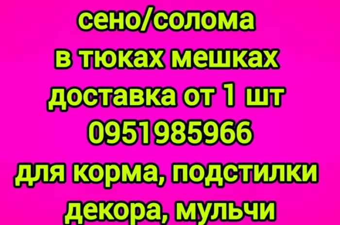 Сено, солома з безкоштовною доставкою по Україні. У тюках, мішках. Поштучно / опт- фото № 1
