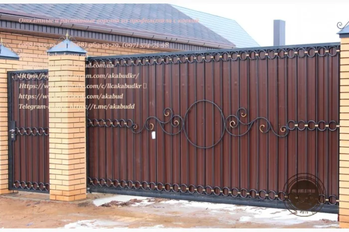 Откатные ворота из профнастила и кованые ворота на заказ- фото № 11