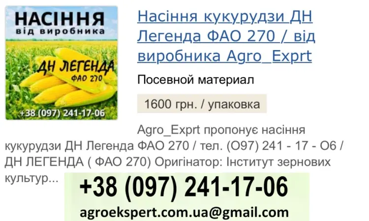 Насіння кукурудзи ДН Легенда (ФАО 270) від Agro_Exprt - фото № 1
