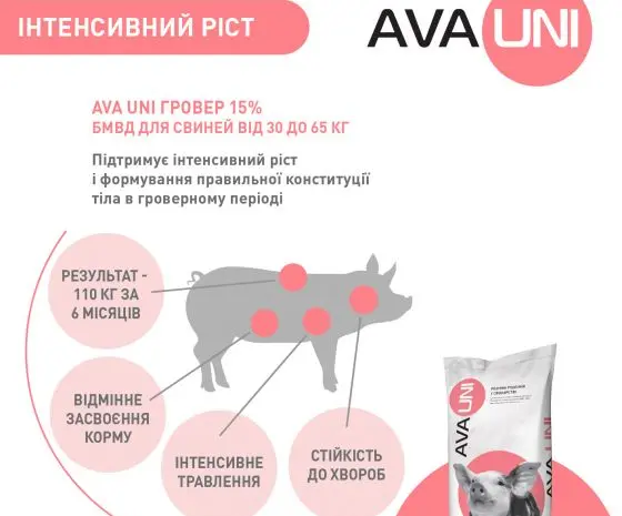 БМВД добавка к комбикорму для свиней 30-65 кг AVA UNI Гровер 15%- фото № 5